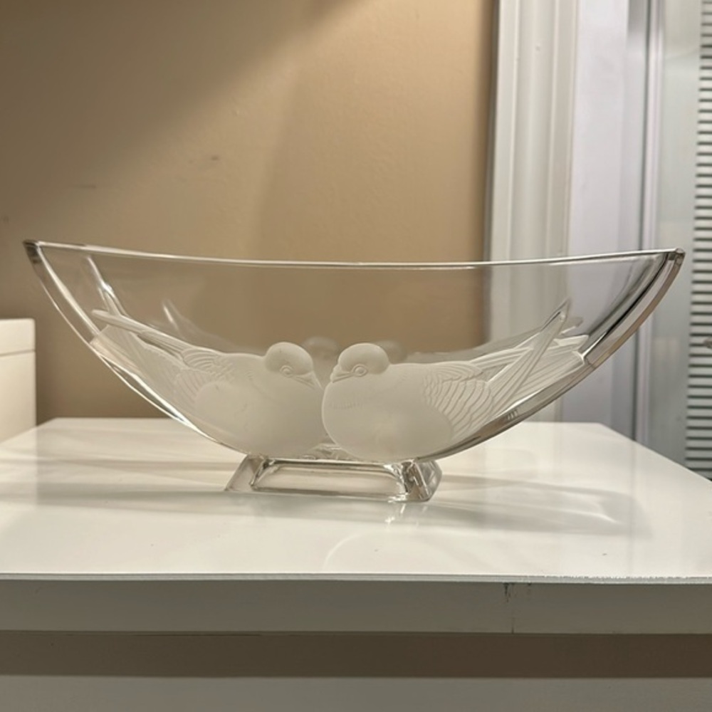Verlys Console Bowl Boat Shape French 30S ARTDECO FROSTED GLASS BIRD DOVE SIGNED